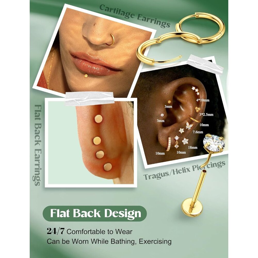 Elegant 9-Pair Threadless Flat Back Earrings Set … - image 4